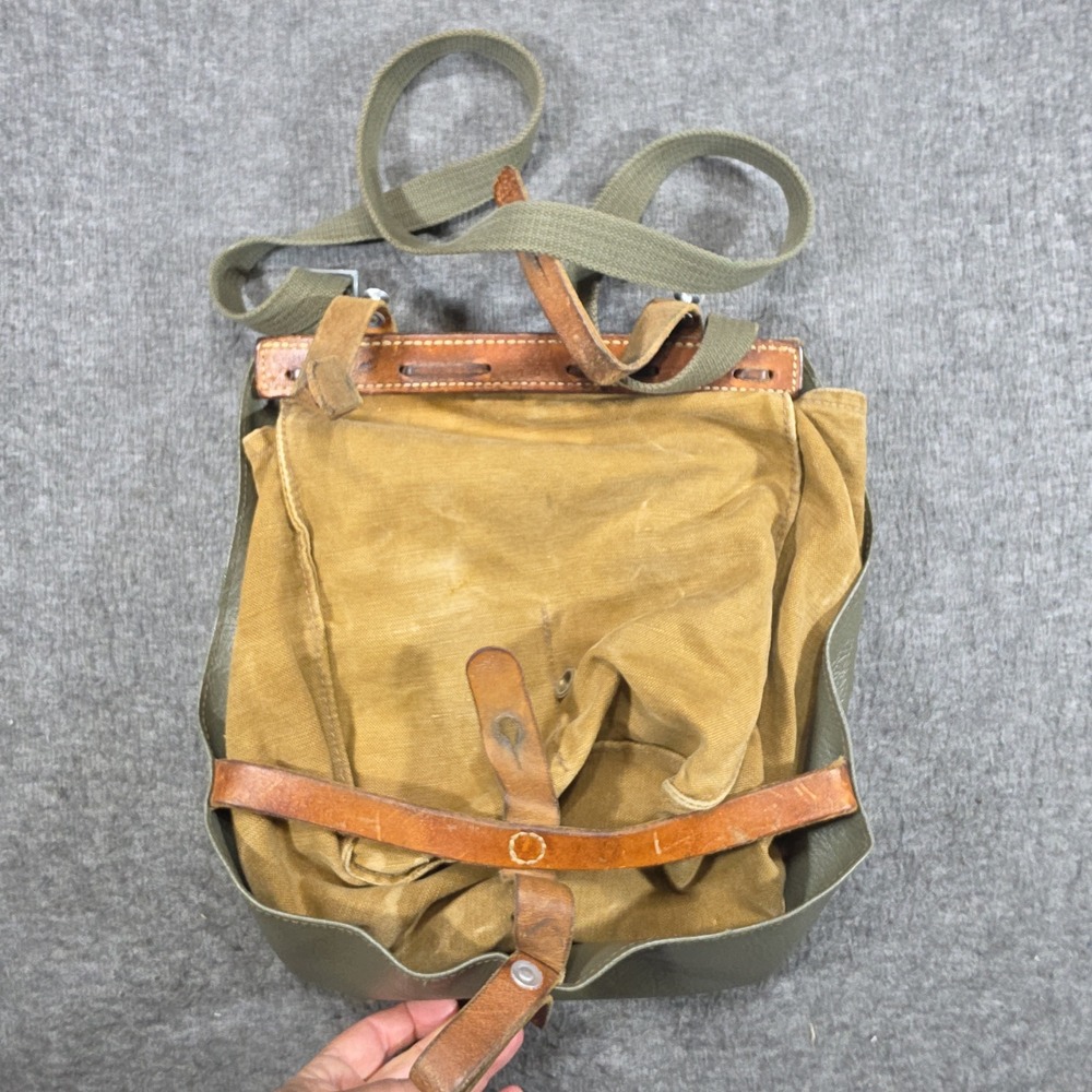 Vintage Swiss Military Bread Bag Messenger Green Canvas Vinyl Leather Straps 70s